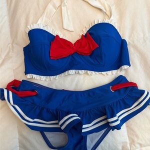 Hot Topic Sailor Blue and Red Ruffled Bikini Set Medium Top Small Bottom
